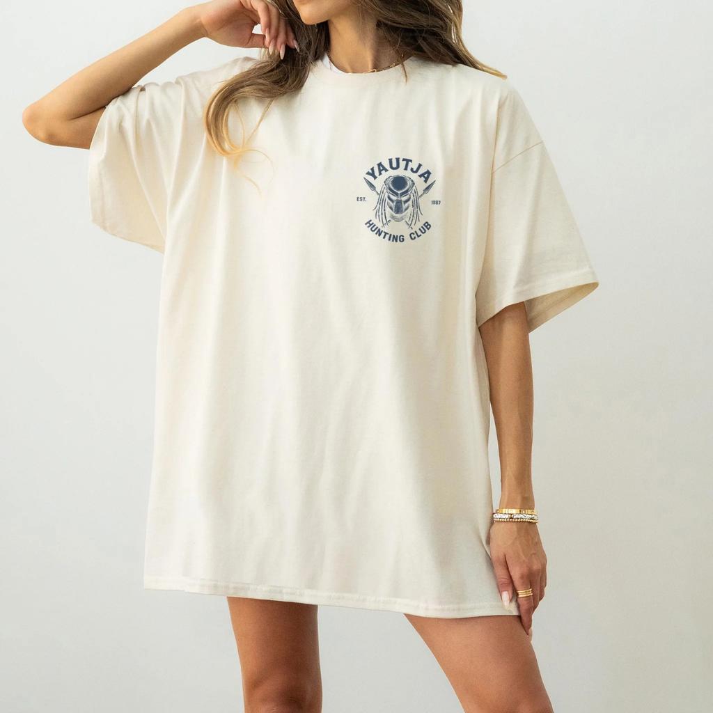Yautja Jagdclub Bedrucktes Damen-T-Shirt für Frühling und Sommer Modetrend Reines Baumwoll-Oberteil Neutrales Kurzarm-T-Shirt