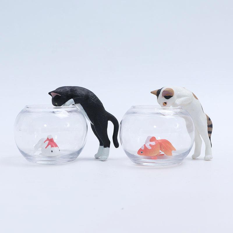 Cute Cat Catch Fish Desktop Ornament Trendy Three Flower Black Cat Statue Small Decor for Office Desk Bedroom Table
