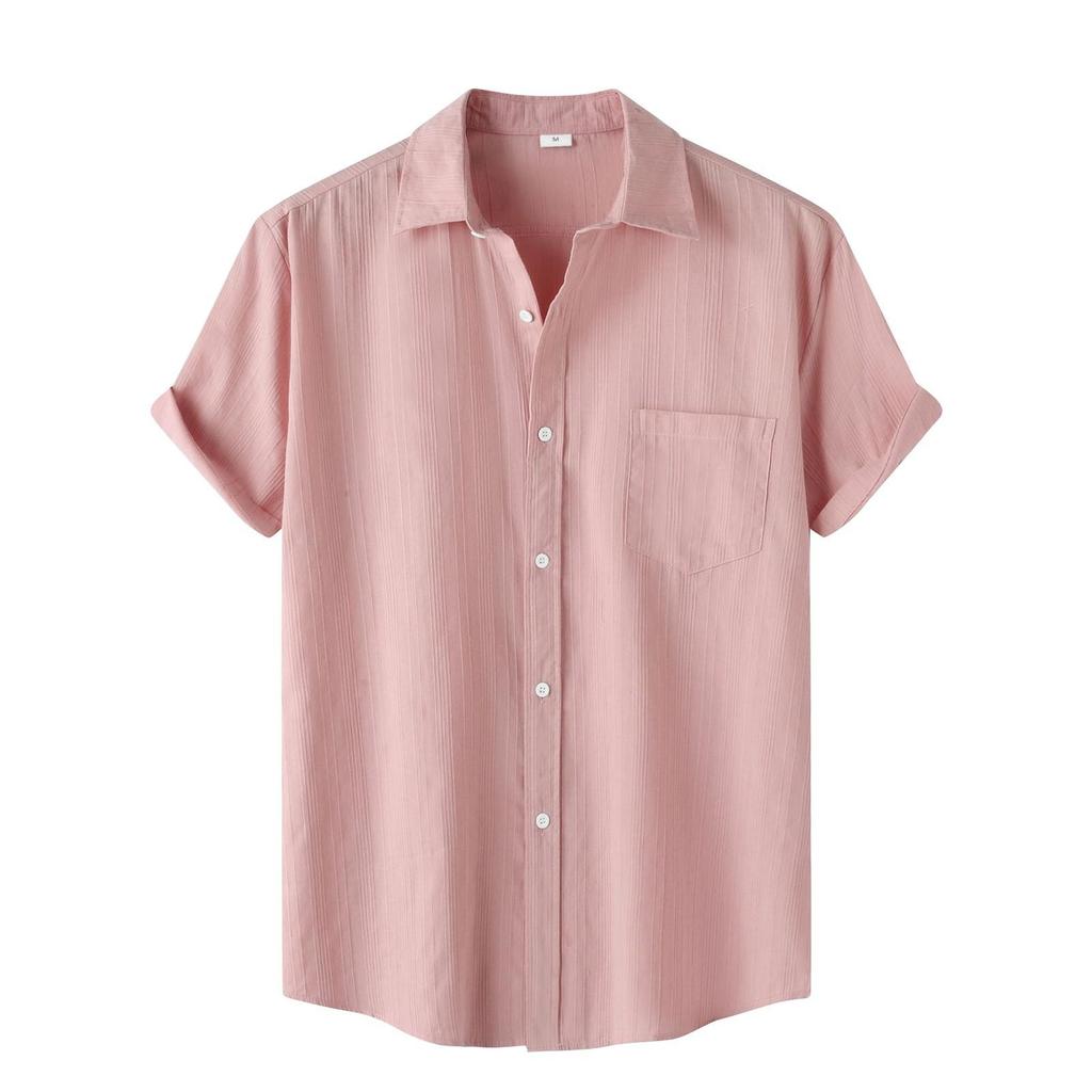 Camicia da uomo casual a maniche corte con taschino singolo, a righe e tinta unita, monopetto con revers