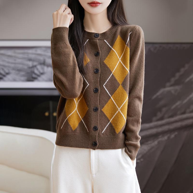 Women's Diamond Pattern Knit Cardigan - Autumn/Winter, 100% Wool, Loose Fit, Short Lazy Style