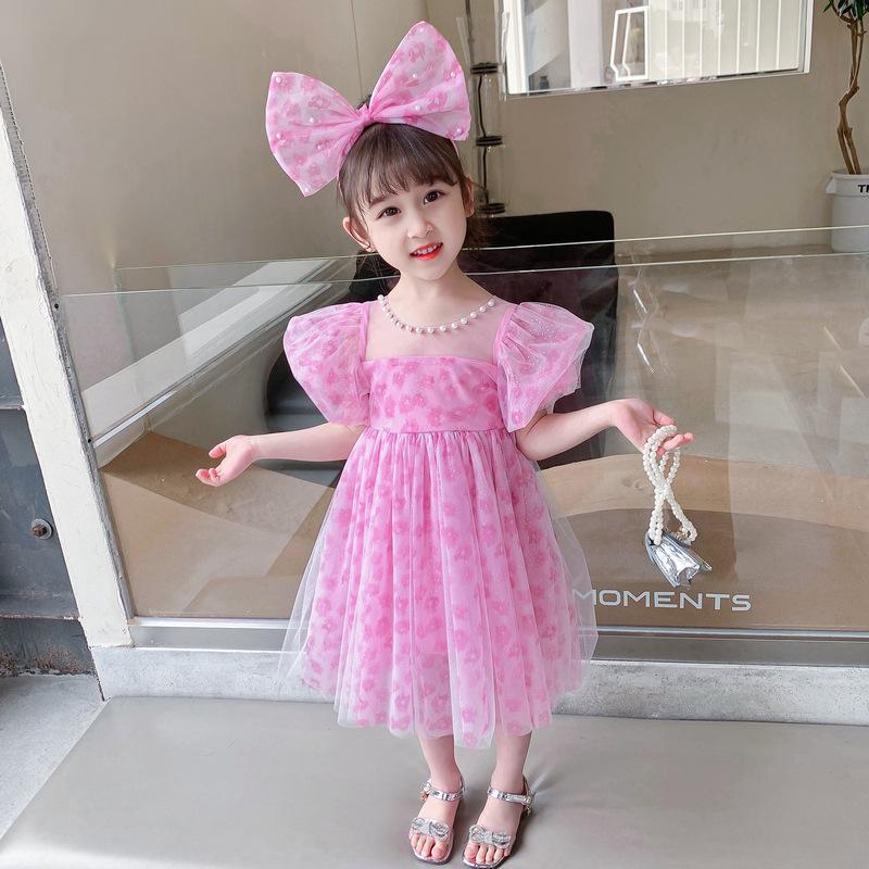 

Платье принцессы с розовым леопардовым принтом 2022 года, жемчужным воротником и бантом для девочек 100cm