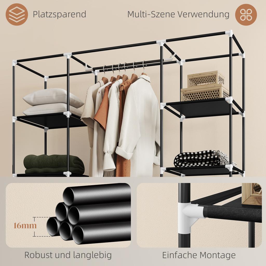 Armadio in Tessuto Non Tessuto, Armadio Pieghevole, 1 Barra Appendiabiti, 9 Ripiani, 150 cm x 43 cm x 162,5 cm, Nero
