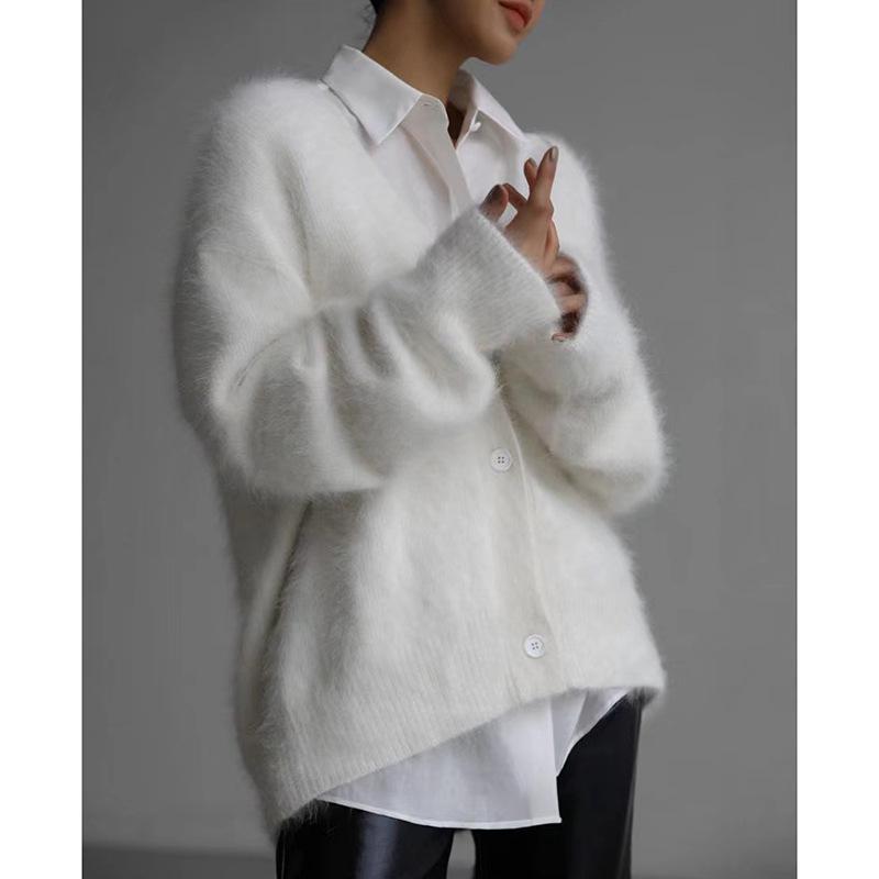 Women's French Retro V-Neck Faux Mink Sweater Coat - Single-Breasted Long Sleeve Loose Knitted Cardigan