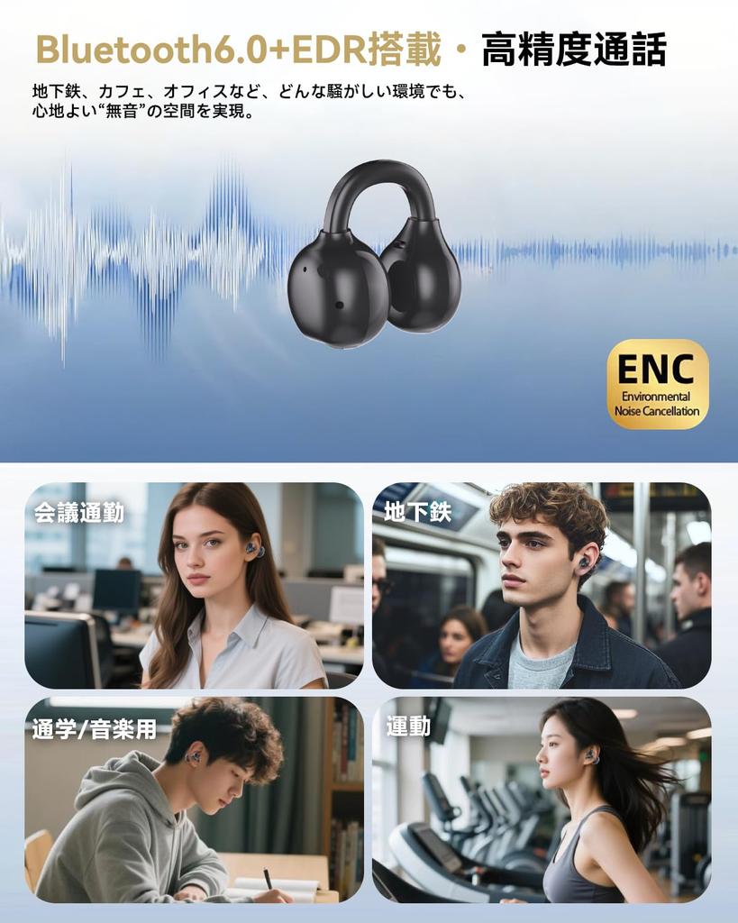 Bluetooth 6.0 Wireless Earbuds with Dual Silicone Microphones, AI Smart ENC Calling, 60 Hours of Music Playback, Clip-on Earbuds, Air Conduction,