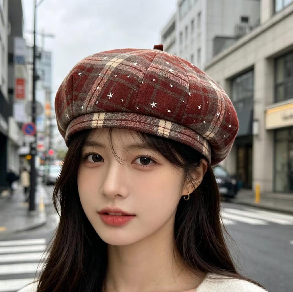Beret women's new autumn woolen British retro plaid bud hat literary sweet cool painter hat tide