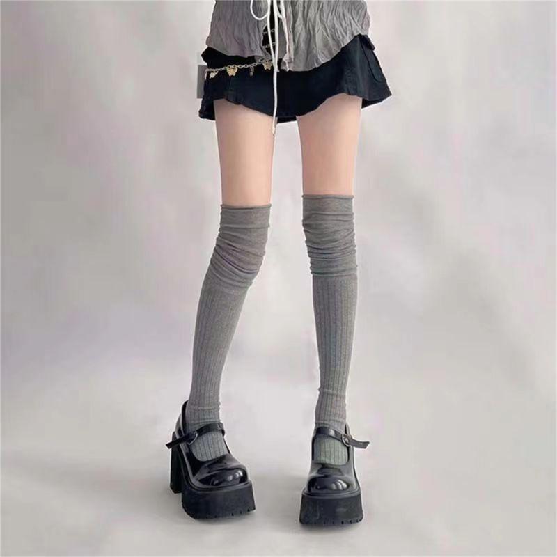 Einfarbige Kniehohe Lange Socken für Damen Japanische Studentin Raffung Lässiges Oberteil Gerippt Gestrickt Oberschenkelhohe Strümpfe Strumpfwaren