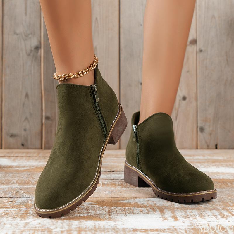 Fashion Short tube mid heel retro short boots for women thick heel flat bottom side zipper simple comfortable daily women's shoes