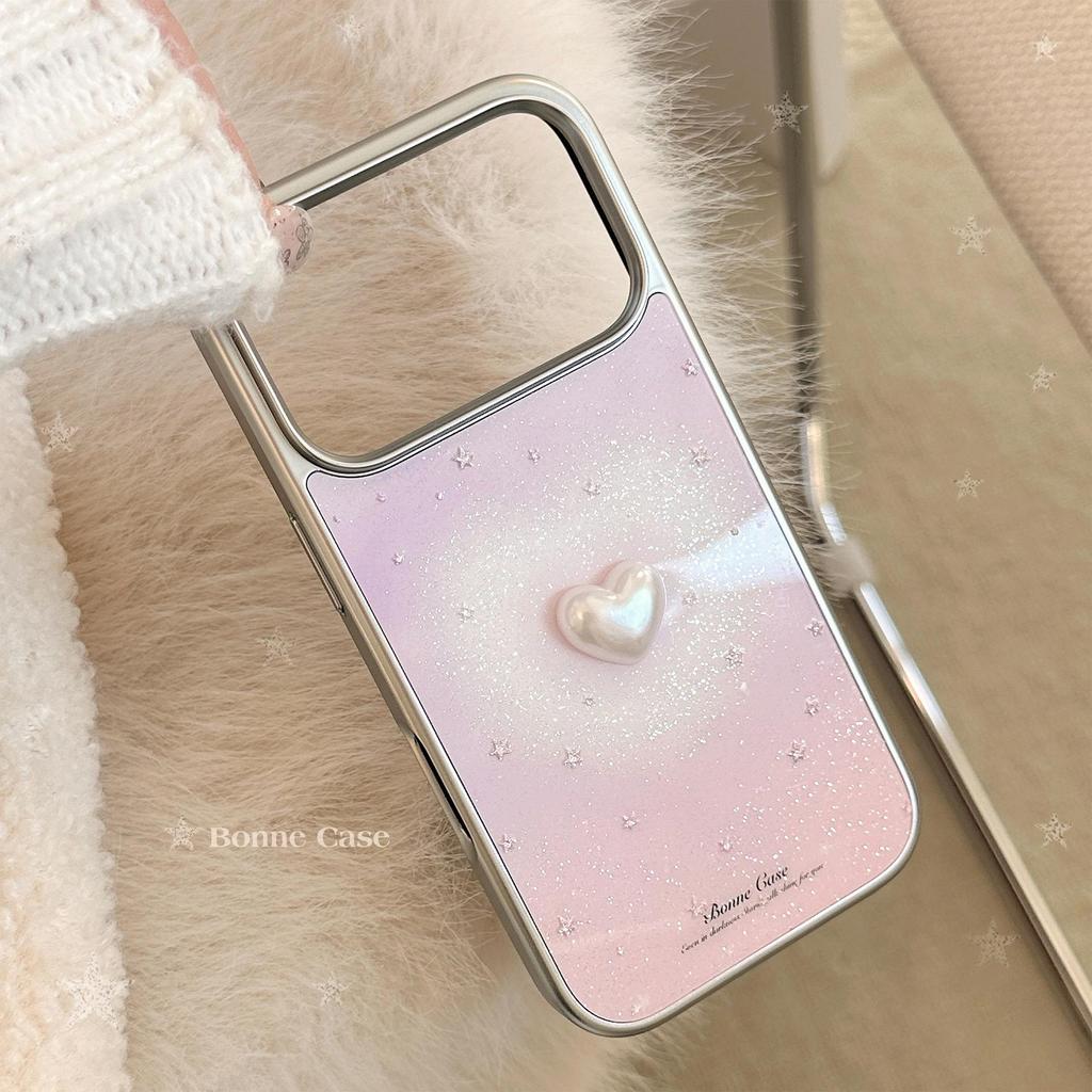 Korean Style Pink Gradient Love Heart Glitter Phone Case for Apple iPhone 17 Pro Max, 16, 15, 13 Electroplated Hard Cover