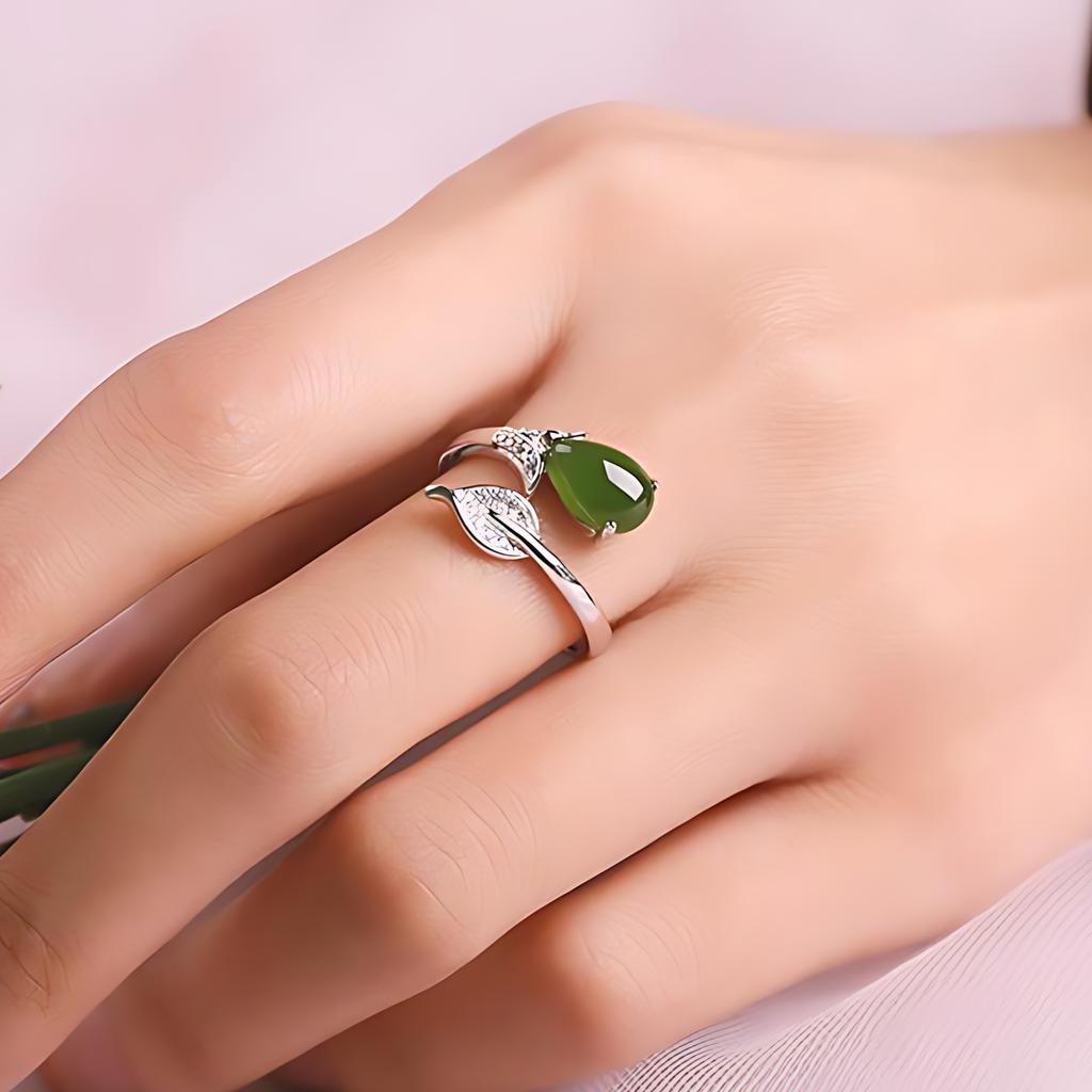 PANJBJ Anello Geometrico in Argento Sterling 925 con Giada di Hotan per Donna Ragazza Regolabile Gioielli Delicati Retrò Regalo di Compleanno Dropshipping