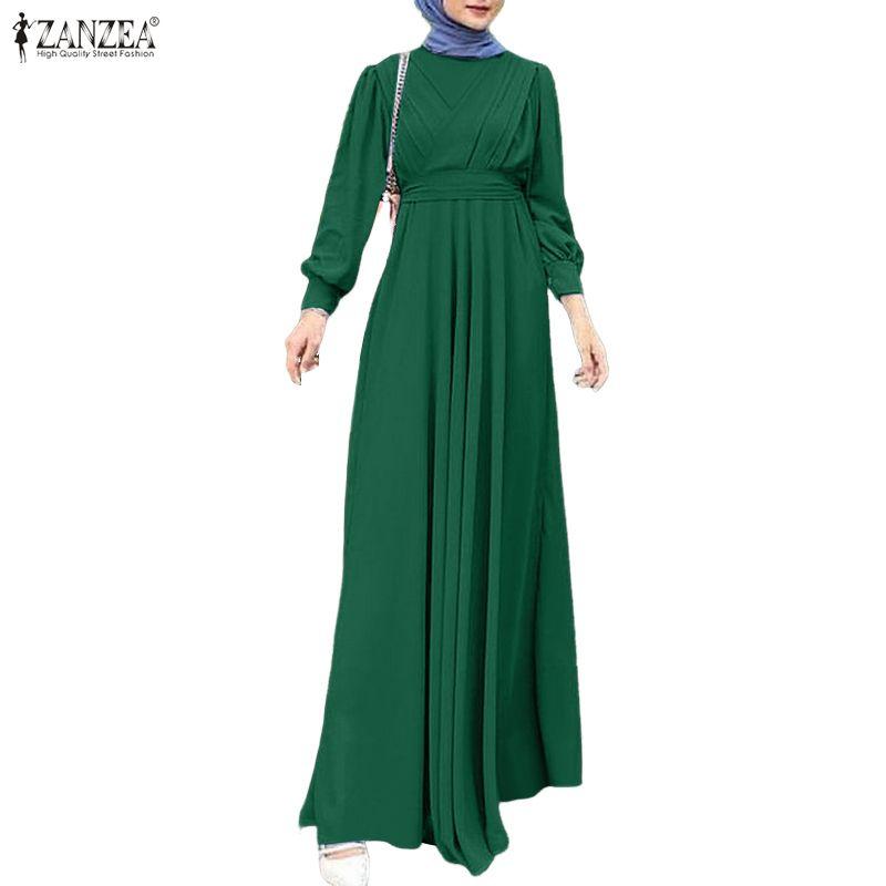 ZANZEA Muslim Women Casual Round Neck Long Sleeve Loose Long Dress