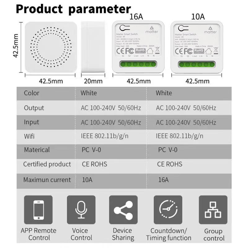 Matteroverwifi Smart HomeKit-Alexa-Google Switch, 10A Voice Control Remote