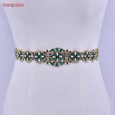 TOPQUEEN S161-KL Neuer Brautgürtel für Hochzeitskleider für Frauen in Gold, handgefertigt, Luxus-Schärpe, Zubehör für das tägliche Partykleid, grüner Strass