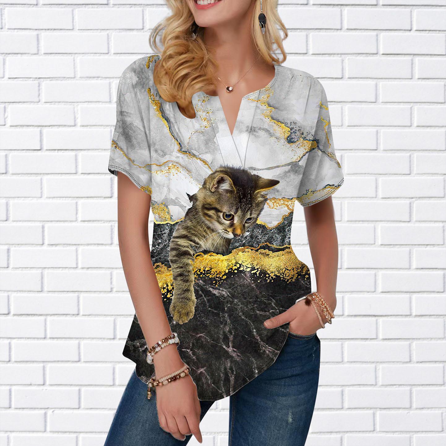 

Женская летняя футболка с принтом «бабочка-кошка», короткие рукава, повседневные топы с принтом, небольшой V-образный вырез, короткие рукава 8XL золотой