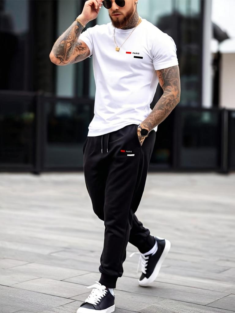 Hot selling summer fashion men's striped letter print micro elastic breathable round neck T-shirt pants set outdoor casual sport