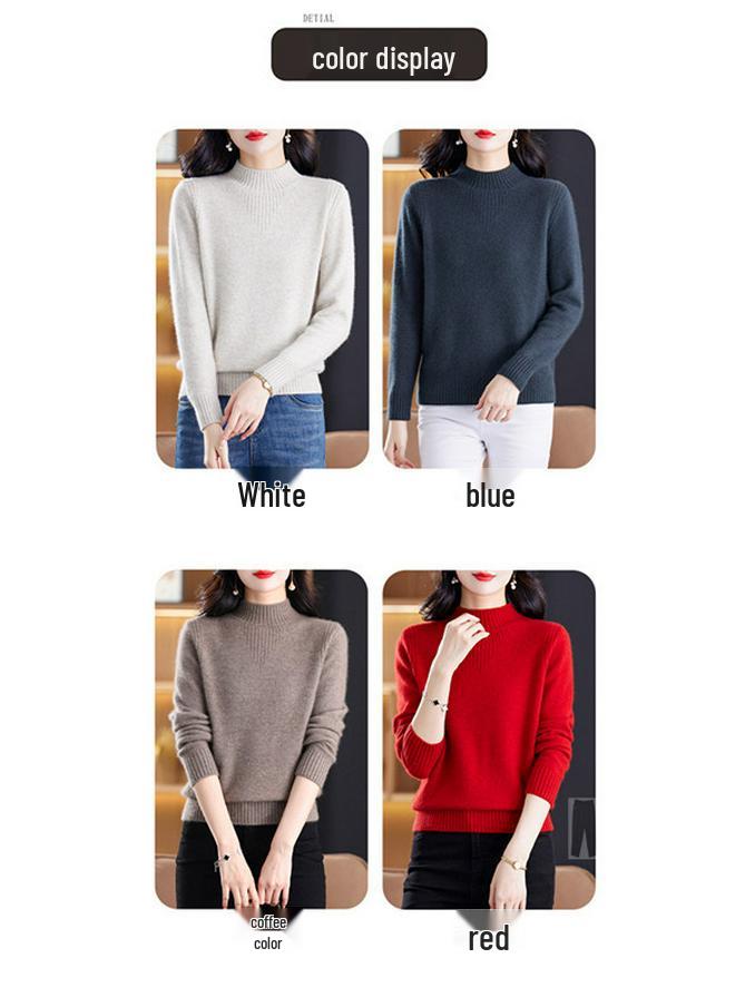 Women's 100% Wool Thick Knit Half-High Collar Winter Sweater for Middle-Aged and Elderly