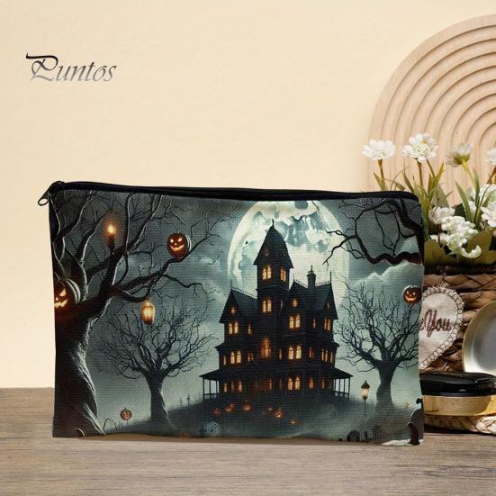 Large Capacity Pencil Bag Storage Bag, Halloween Pattern Print, Durable Canvas Zippered Clear Print Cosmetic Organizer Travel Toiletry Case,