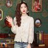 Spring Buckle Embroidered Stand-up Collar Lace Long-sleeved Shirt 2025 New Temperament Top Retro Women
