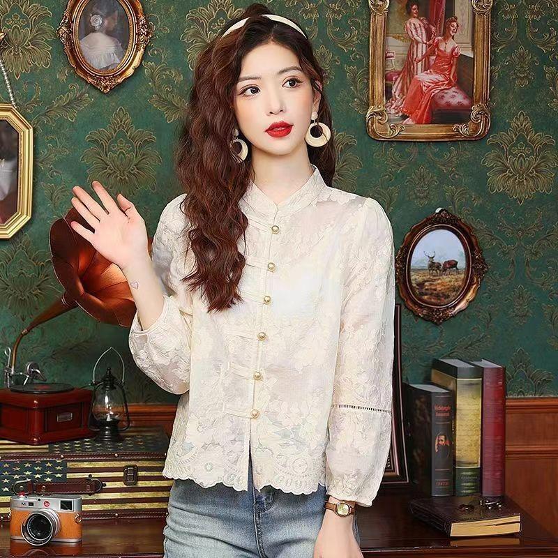 Spring Buckle Embroidered Stand-up Collar Lace Long-sleeved Shirt 2025 New Temperament Top Retro Women