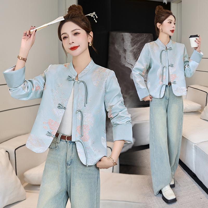 Blue jacquard jacket women's spring and autumn new temperament age-reducing button-up top