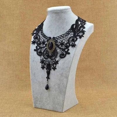 Fashion Vintage Gothic Choker Necklace Black Lace Beaded Collar Steampunk Style Layered Gemstone Pendant for Women Jewelry