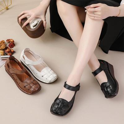 Sandalias de cuña retro de cuero hechas a mano para mujer (Primavera verano)