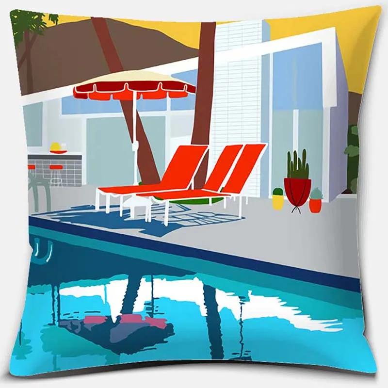 45x45cm Nordic Blue and White Castle Scenery Pillowcase Comfortable Sofa Seat Cushion Cover Hotel Home Decor Embrace Pillowcase