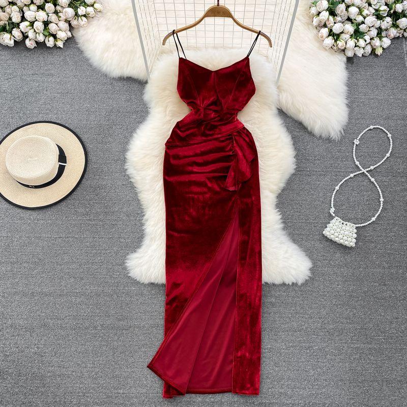 Retro Backless Slit Velvet Dress Evening Gown