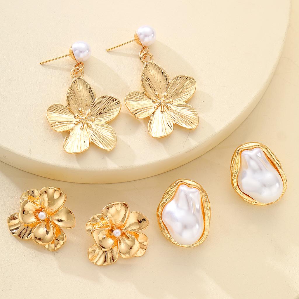 6 Pcs Vintage Flower Pearl Earrings Set Gold Plated Exquisite Irregular Baroque Pearl Drop Earring For Women Party Jewelry Gifts