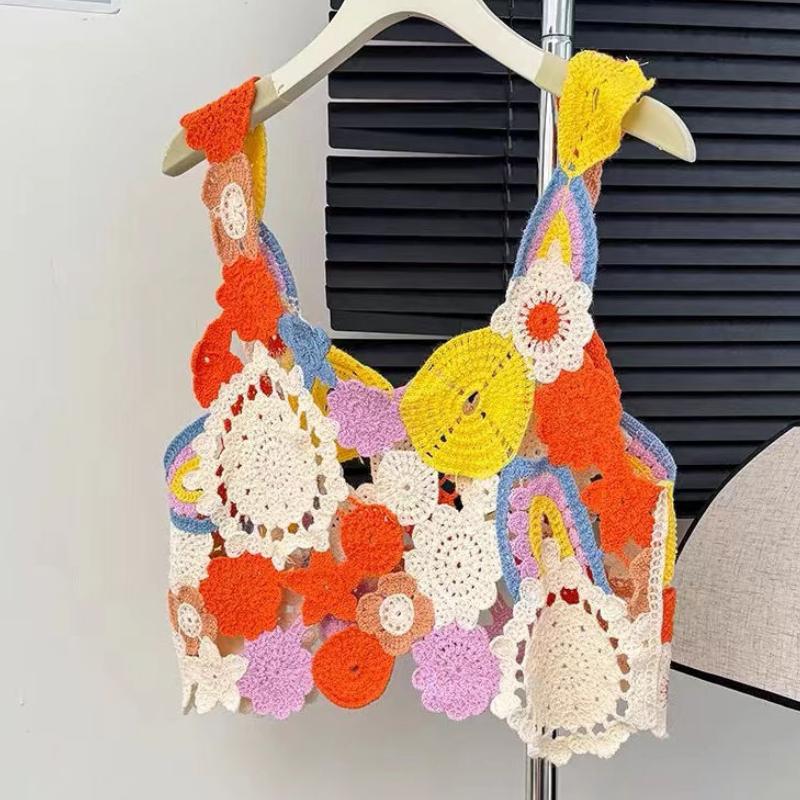 Letní dopaminový dívčí barevný květinový vyšívaný tílkový top pro ženy sladký pletený top