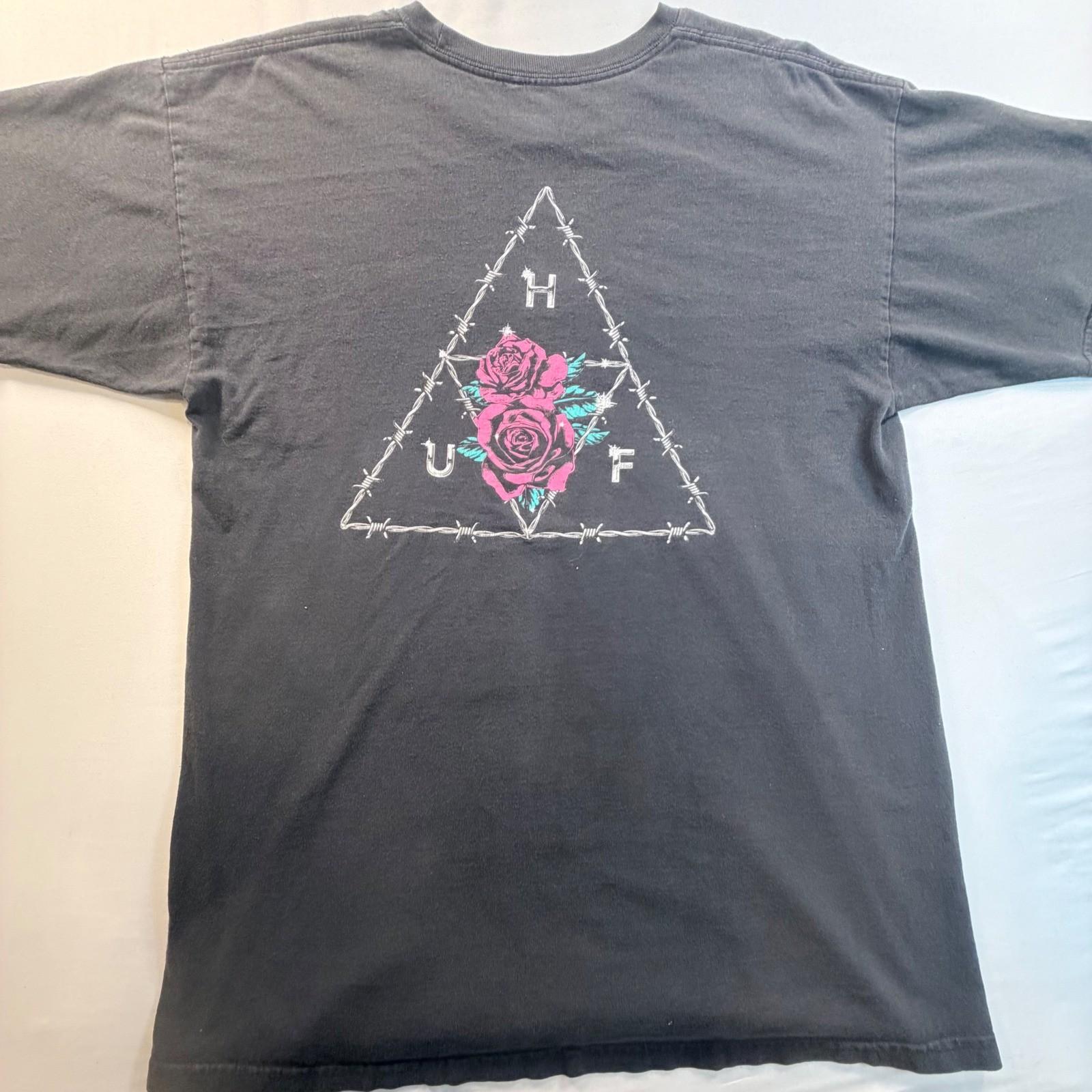 HUF Graphic T-Shirt Mens Large Black Pink Rose Barbed Wire Triple Triangle Skate Unisex T-Shirt XL