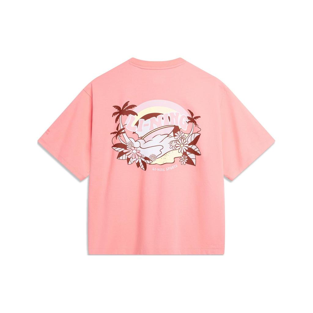 Li-Ning Loose Fit Round Neck Short Sleeve Drop Shoulder T-Shirt Women Tops Camellia-Pink AHSU360-2