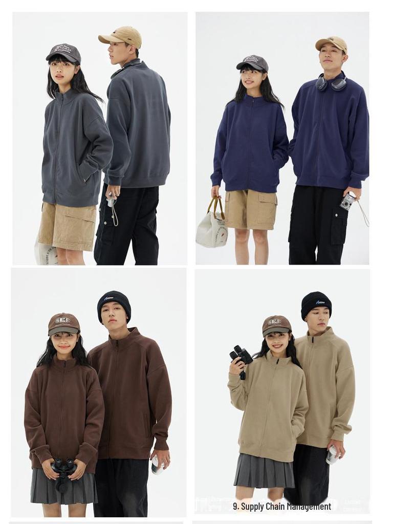 350g Unisex Stand Collar Zipper Sweatshirt - Thin, Solid Color, Drop Shoulder with Custom Logo Print for Spring & Autumn