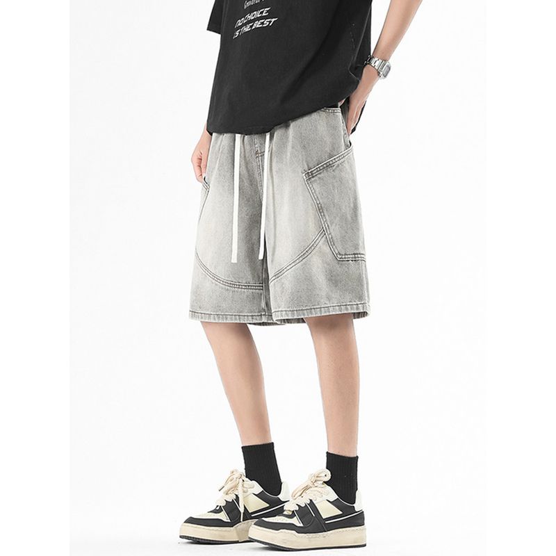 51 Hip-hop American High Street Vibe Multi-pockets Cargo Demin shorts Men's Washed Distressed Drawstring Loose Cropped Pants