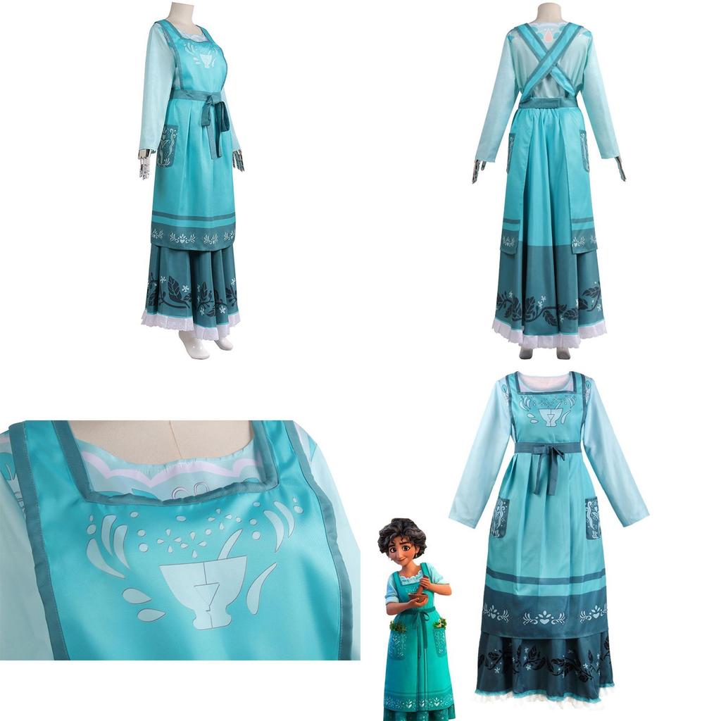 Encanto Julieta Madrigal Cosplay Dress Costume For Women Floral Print Round Neck Short Sleeve Midi Dress Full Suit Outfit