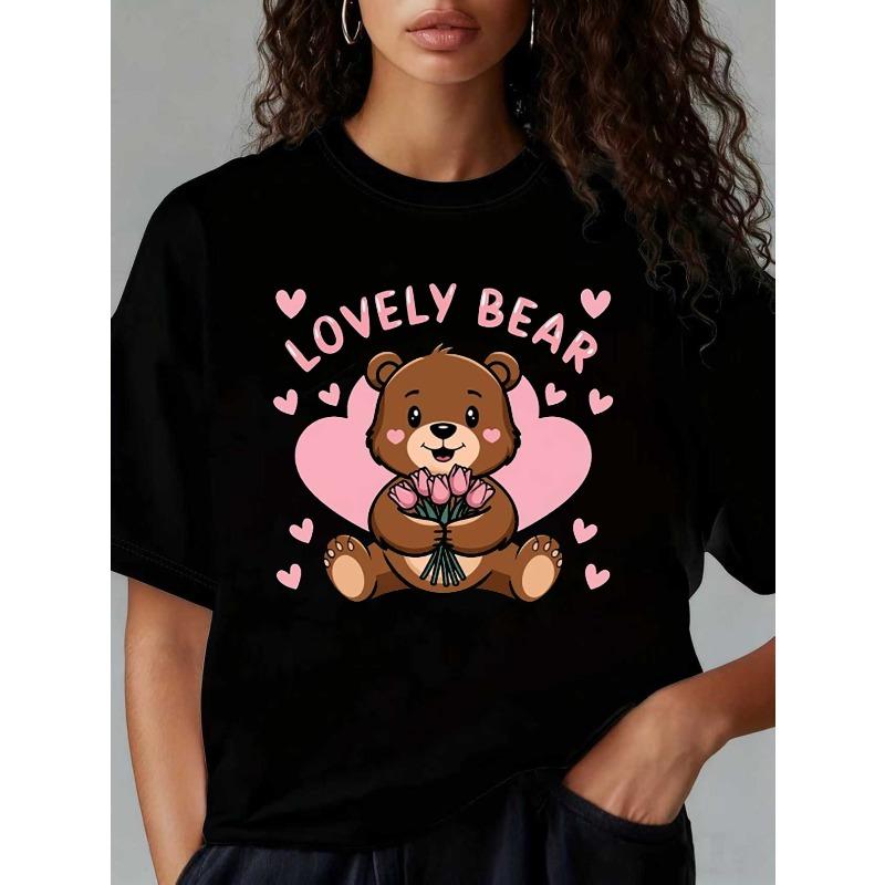 Plus Size Women Lovely Bear Print Valentine s Day Casual Summer Spring Tee S чёрный