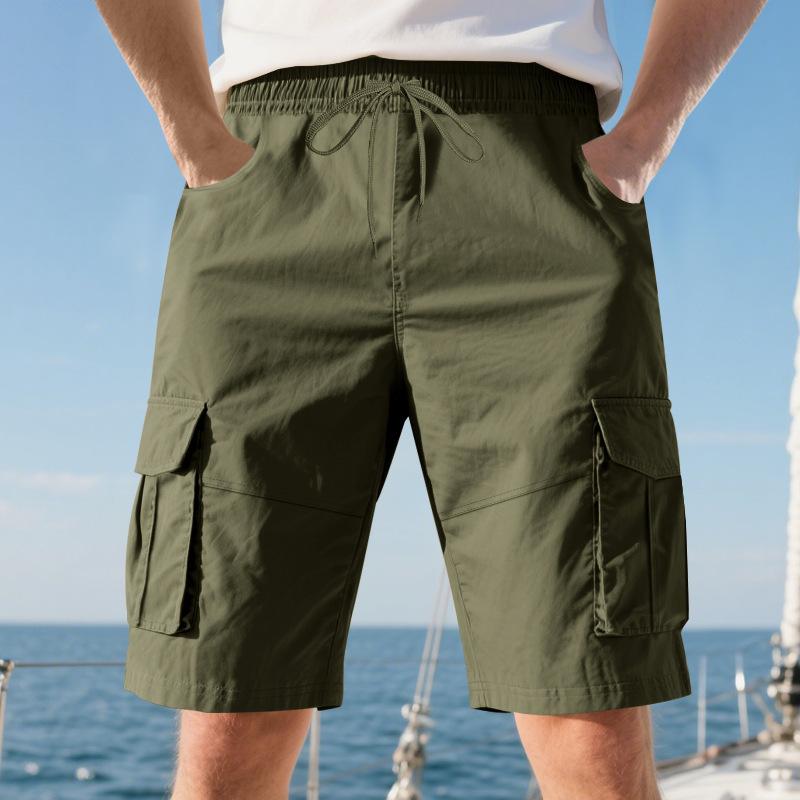 Summer Loose Men's Safari Style Shorts Multi Pockets Casual Loose Fit Straight Elastic Waist Beach Shorts
