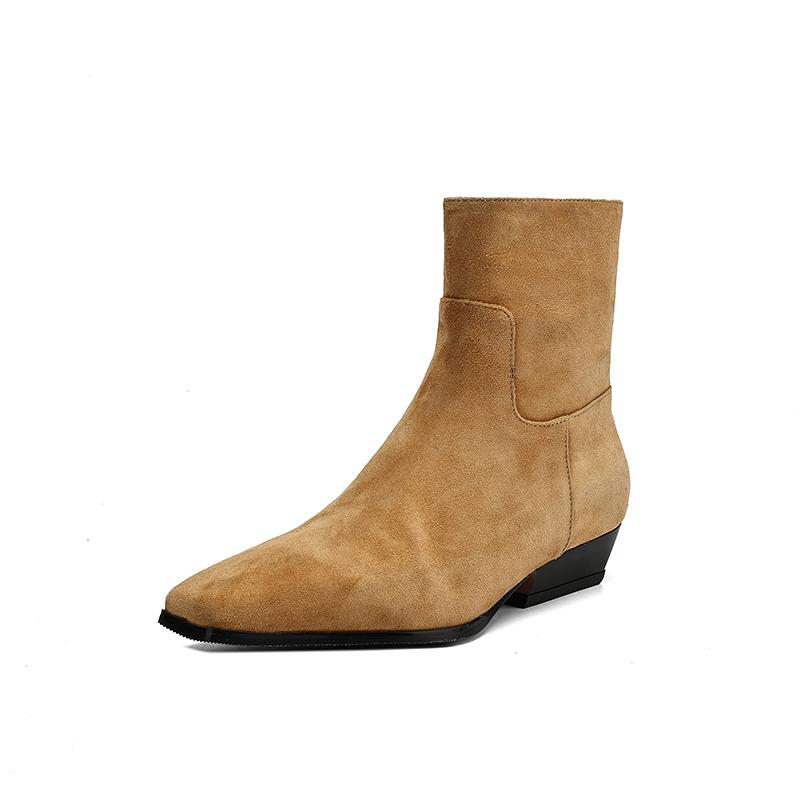 

Fashion Kid Suede Ankle Boots Women Shoes New 2025 Spring Low Block Heels Fashion Square Toe Ladies Patchwork Black Gray Apricot Shoes 43