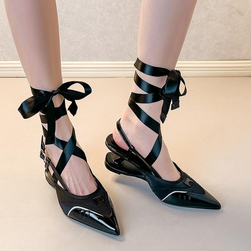 Fashion Fashion Wedge Mary Jane Shoes Women Pointed Toe Pumps Riband Elegant High Heels Dress Shoes Designer Brand Sandals for Women
