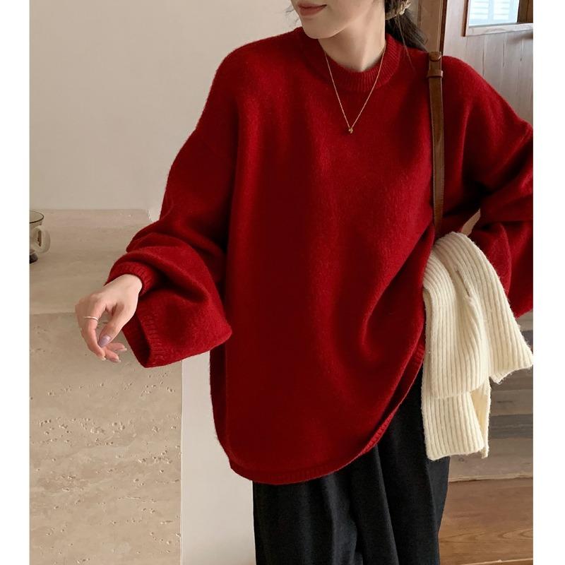 Crew Neck Large Size Pullover Sweater Autumn and Winter New Outer Size Lazy Wind Bottomed Knitted Sweater Women
