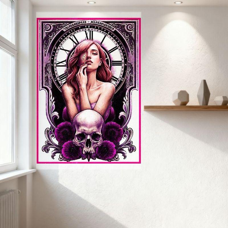 Sexy Woman Pink Hair Surreal Gothic Metal Tin Sign,Ornate Clock Skull Poppy Floral Wall Decor,Stylized Surreal Art for Bar Pub H
