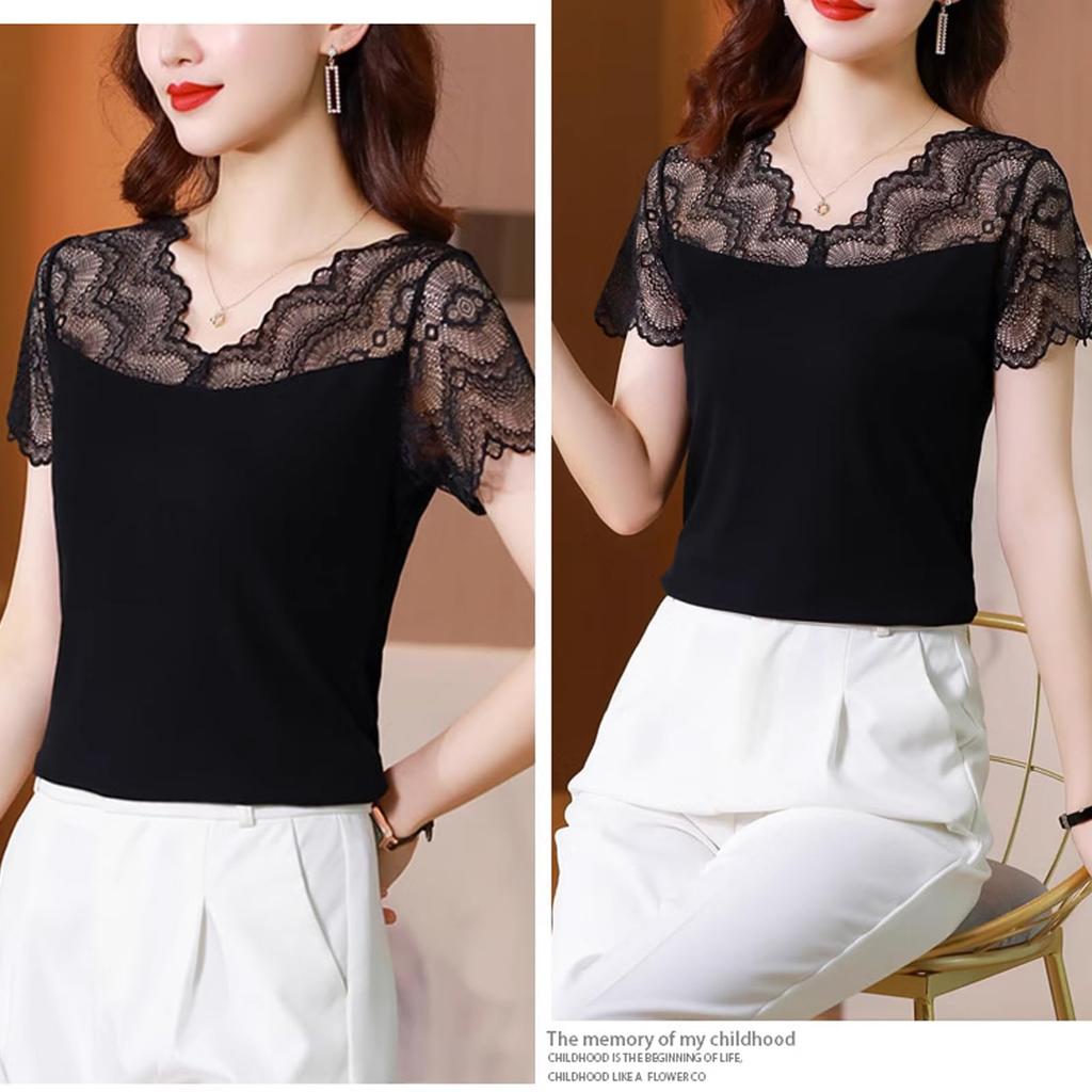 [SYitong] Embroidered Lace Top for Women, Black, Summer, Short Sleeve Blouse, Slimming Effect, Stylish, Elegant, Sexy, Sophisticated, Perfect for Date