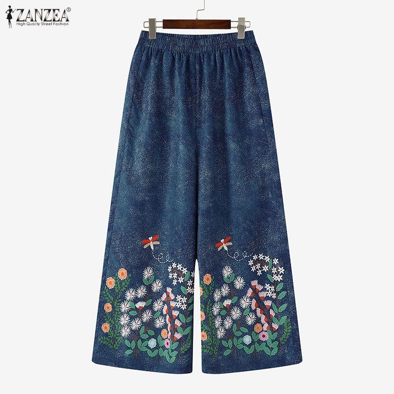 ZANZEA Dámské ležérní kalhoty s elastickým pasem, volné, s květinovým potiskem