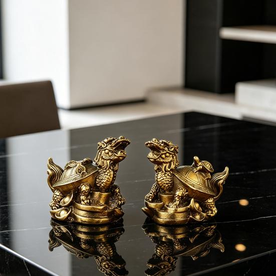 Brass Turtle Figurine On Coins for Wealth And Blessings Polished Metal Tortoise Ornament for Home Office Desk Decor Feng Shui Gift for Prosperity And