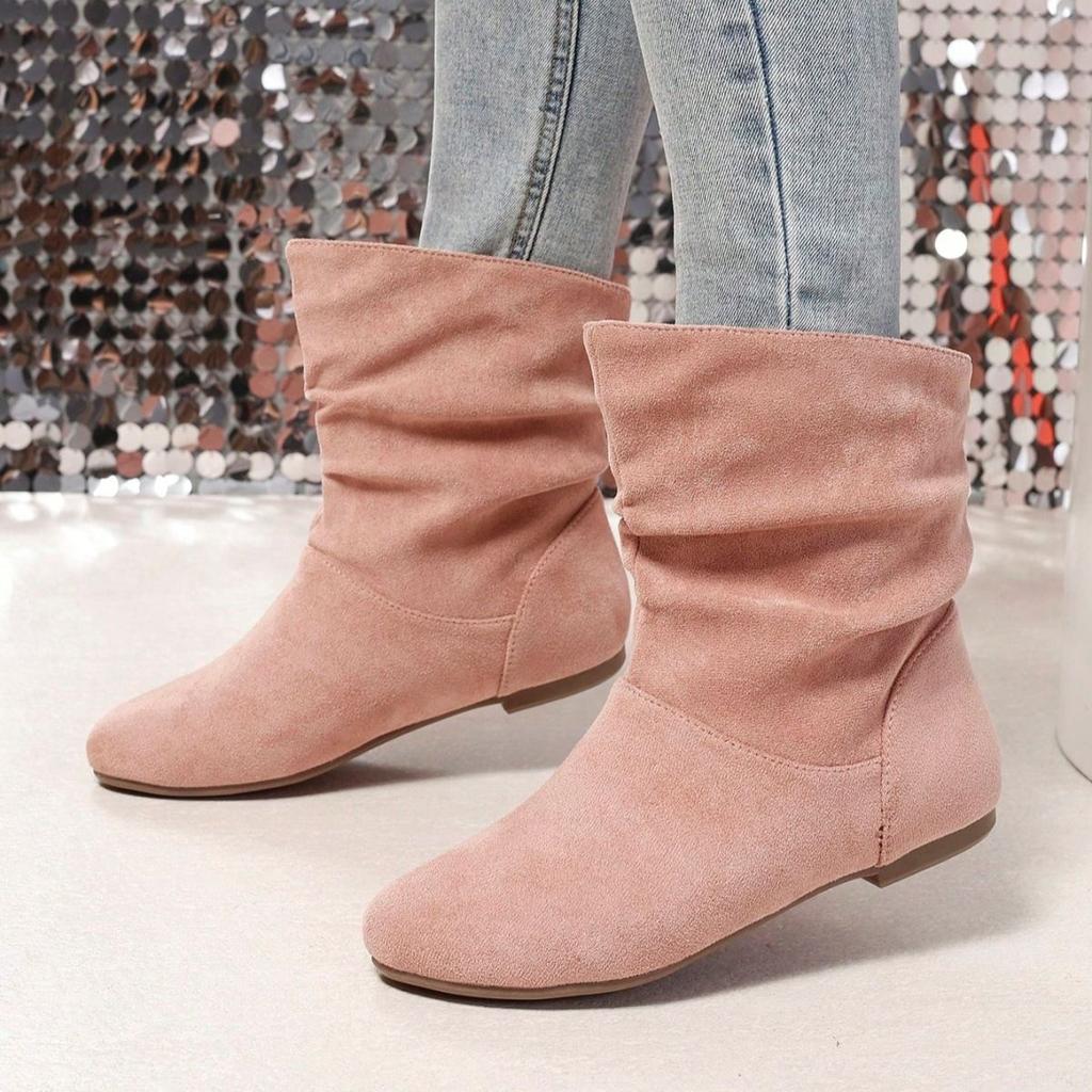 Short Boots Women's White Pleated Women's Boots Flat Bottomed Versatile Woman Boots Large Size