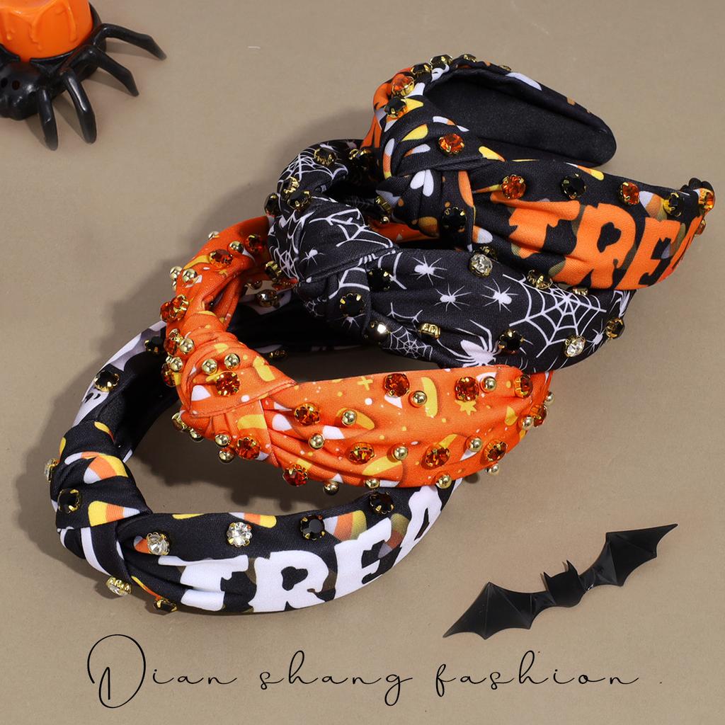 Halloween Fabric Spider Web Ghost Knot Broad Edge Headband Fashion Rhinestone Headband Headband