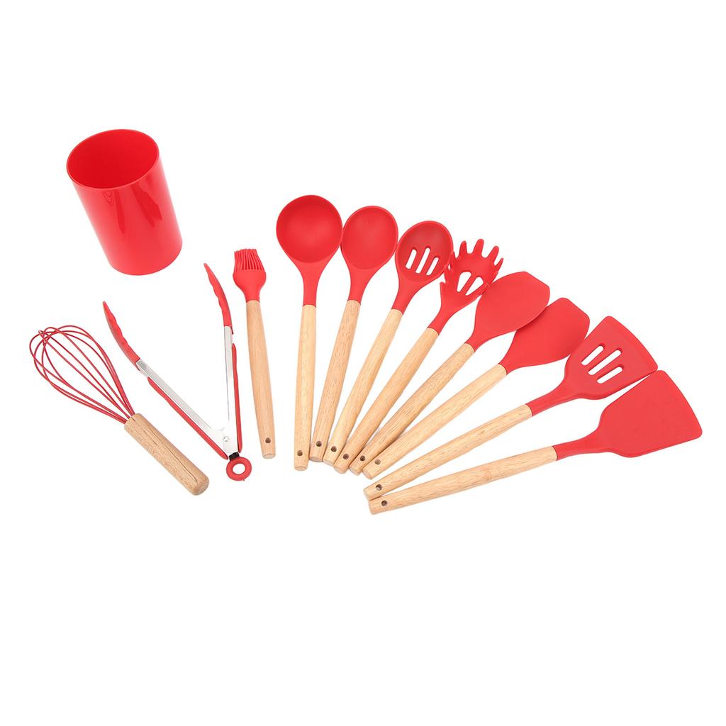12 PCS Kitchen Cooking Utensils Set Ergonomic Wooden Handle Silicone Kitchen Gadgets Kitchenware for Cooking Red