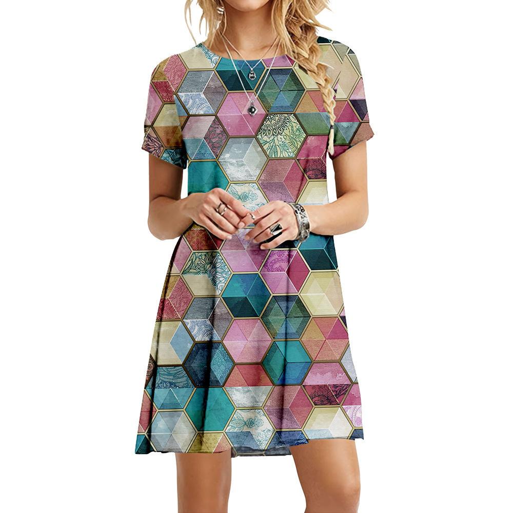 S-6XL Übergröße Mode Damen 3D Geometrischer Druck Kleid Lässig Rundhals Kurzarm Kleid Sommer Locker Mini Kurzes Kleid