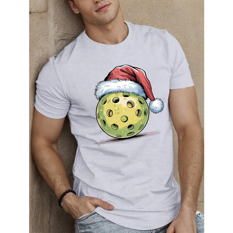 European sizes Men'S Casual Crew Neck T-Shirt with Geometric-Patterned Pickleball & Santa Hat Design, Slight Stretch