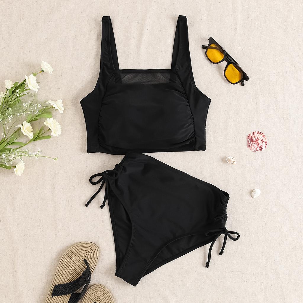 Solides Netz-Patch Hohe Taille Kordelzug Zweiteiliges Bikini-Set Bequem Elegant