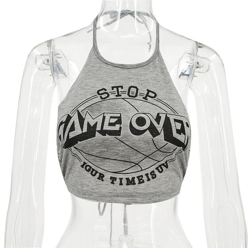 

Летний Instagram трендовый женский топ с бретелькой на шее, с открытыми плечами и принтом в виде пупка, утягивающий и чувственный маленький топ L серый